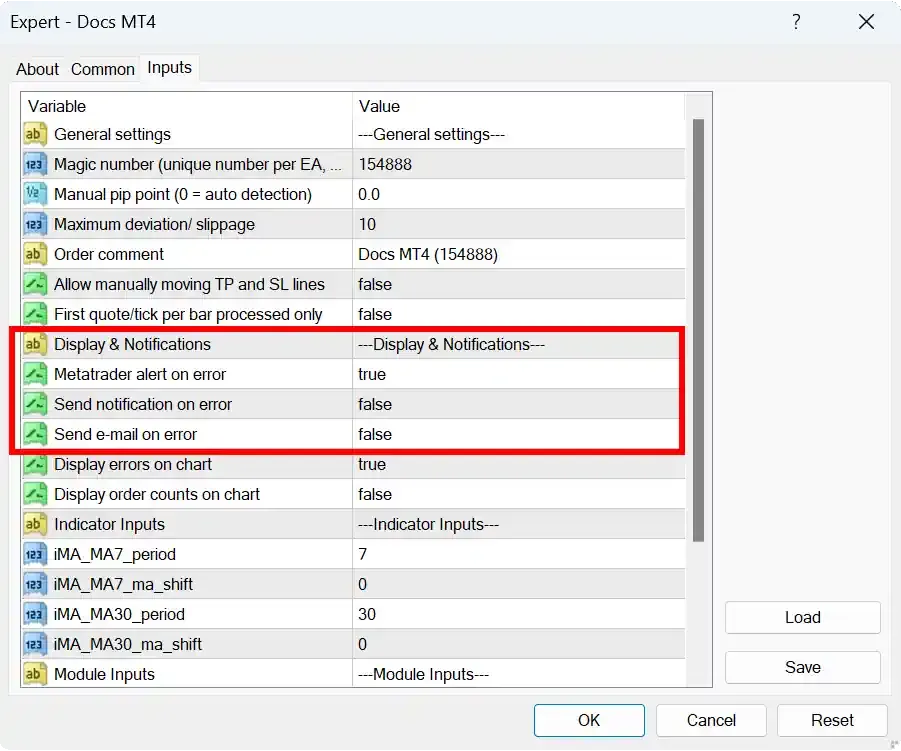 MT4 EA Inputs for alerts and notifications
