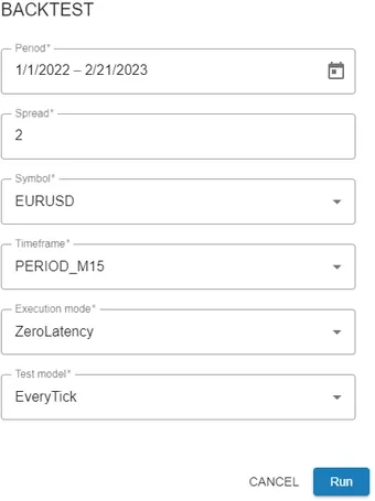 Backtest dialog - configure backtest parameters