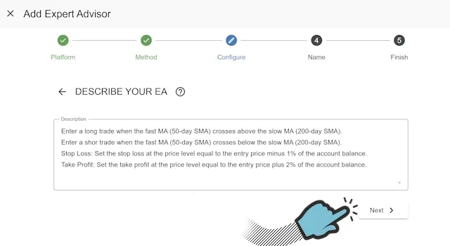 Describe your EA and click Next