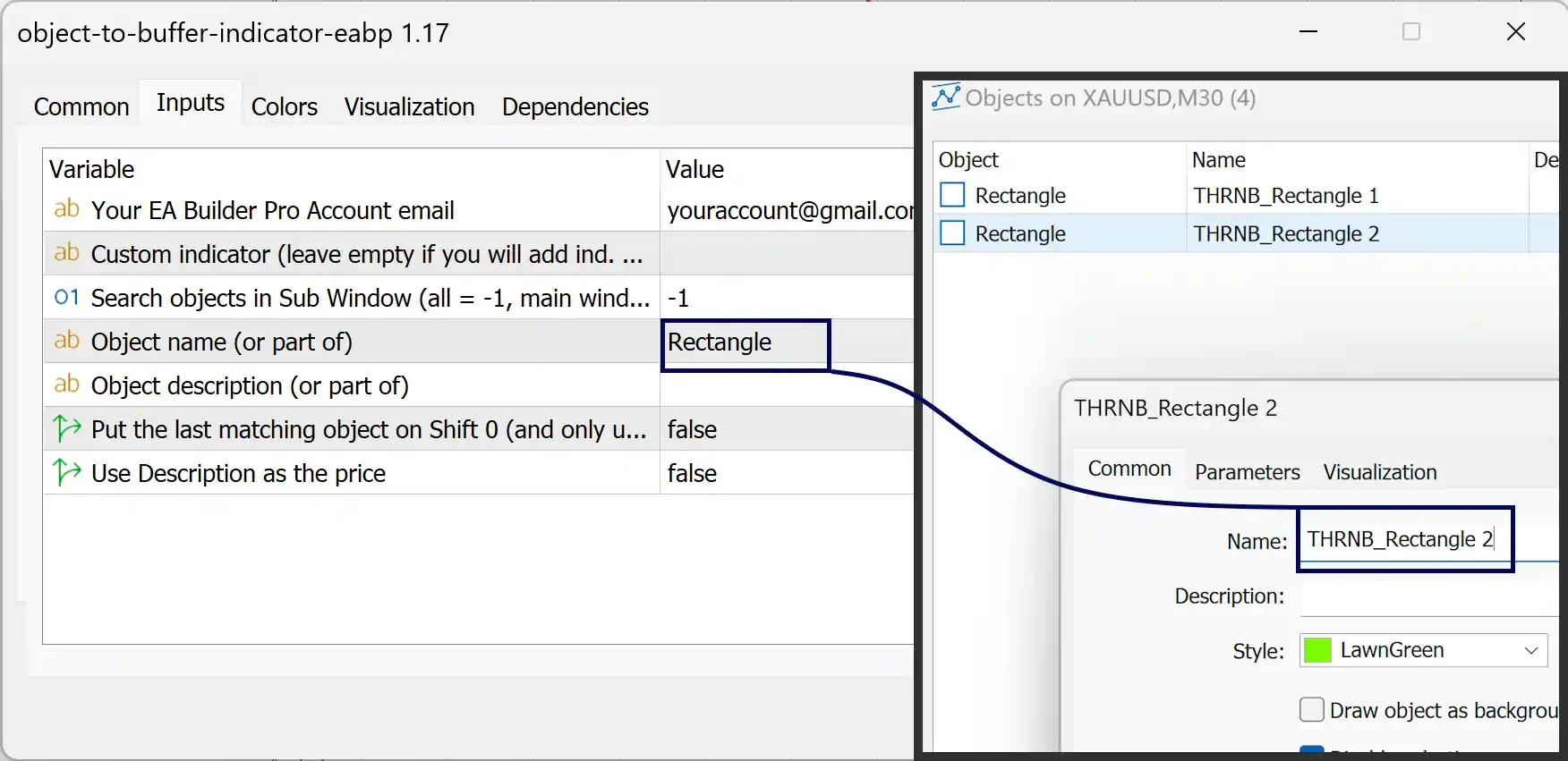 Object to buffer settings