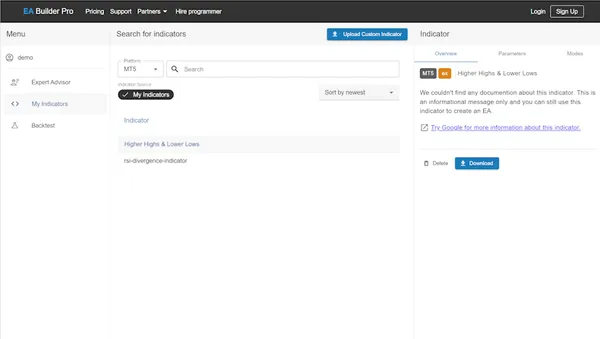 custom indicator, add delete or download